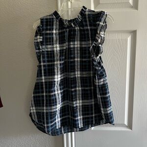 Navy Plaid Ruffle Sleeve Women's Blouse
